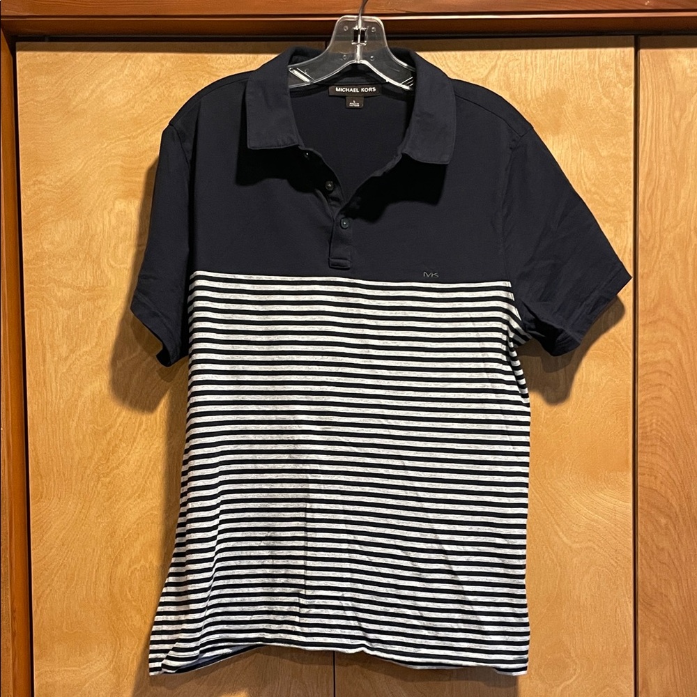 Michael Kors Men's Black and White Striped Polo Shirt